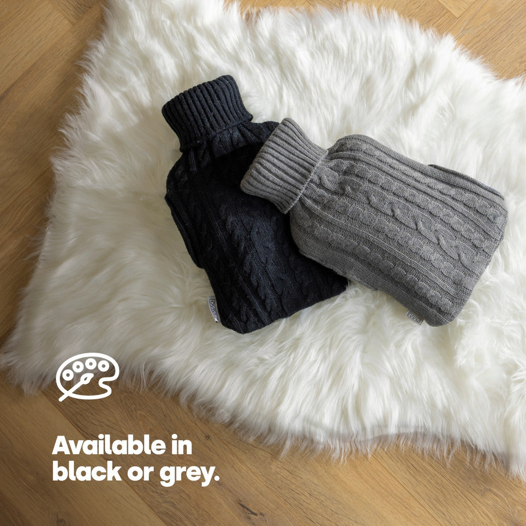 LIVIVO 2L Grey Knitted Hot Water Bottle with Insulating Cover and Pockets