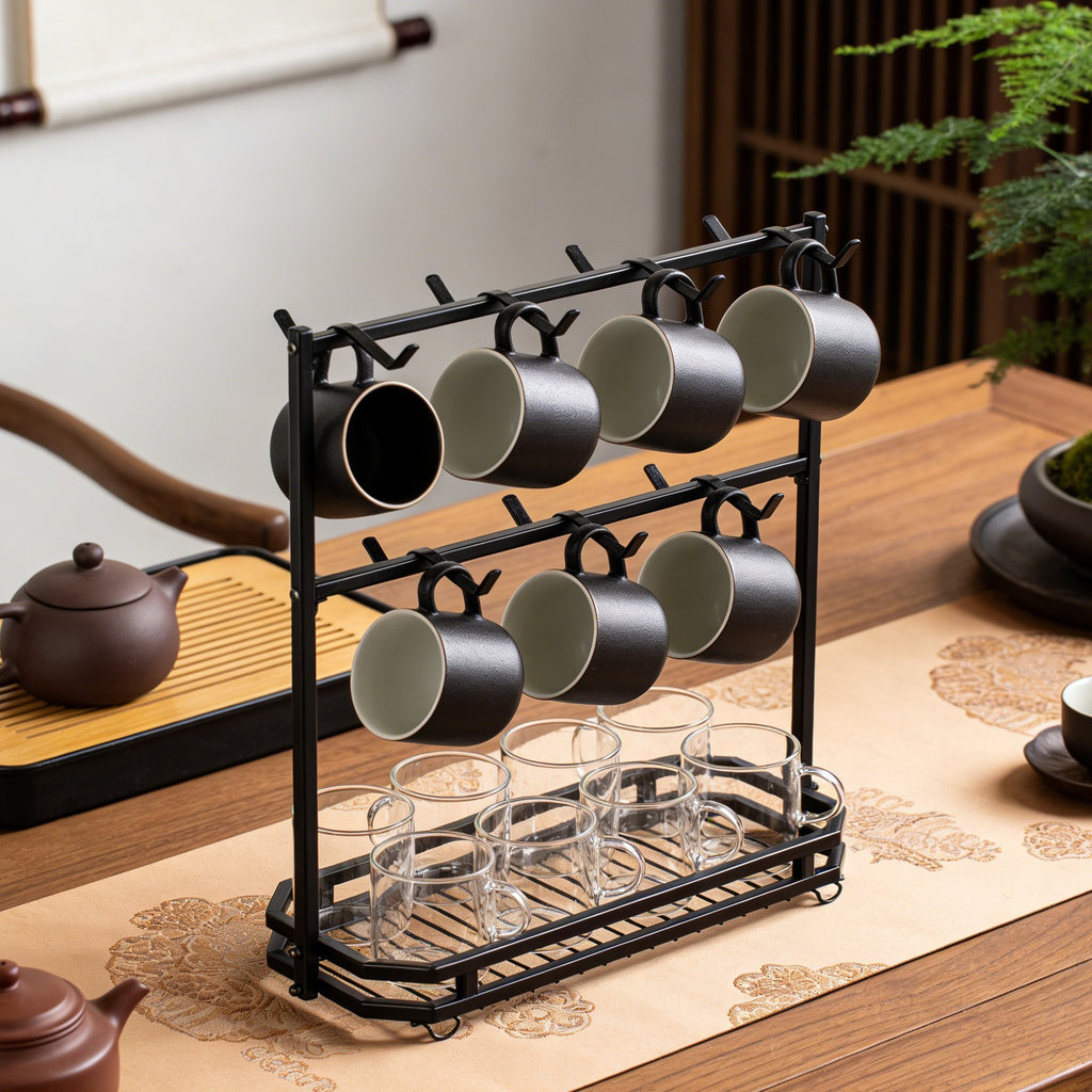 Coffee Mug Rack Metal Black Vintage Cup Holder Stand Storage Base with 14 Hooks