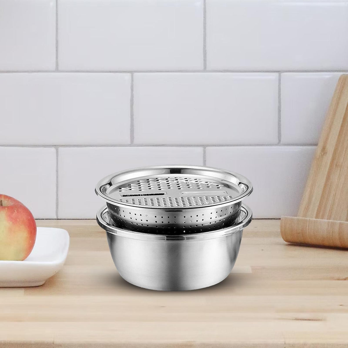 3IN1 Kitchen Basin Chopping Grater Cutter Strainer Bowl Set 28cm Stainless Steel