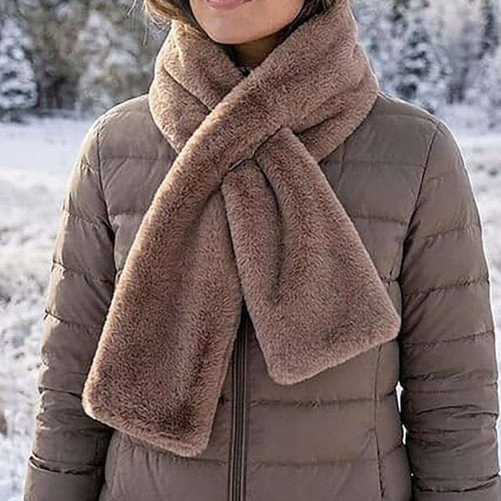 Faux-Fur Pull Through Scarf With Hidden Zipper Pocket Warm Neckwear for Women