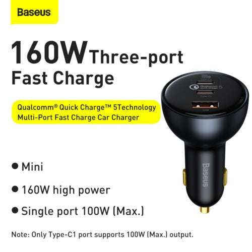160W Car Charger Baseus USB Type C QC 5.0 Fast Charging For iPhone 14 Pro Laptop