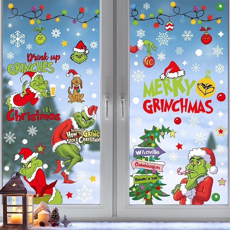 Christmas Grinch's Removable Window Stickers Xmas Art Decal Wall Home Shop Decor