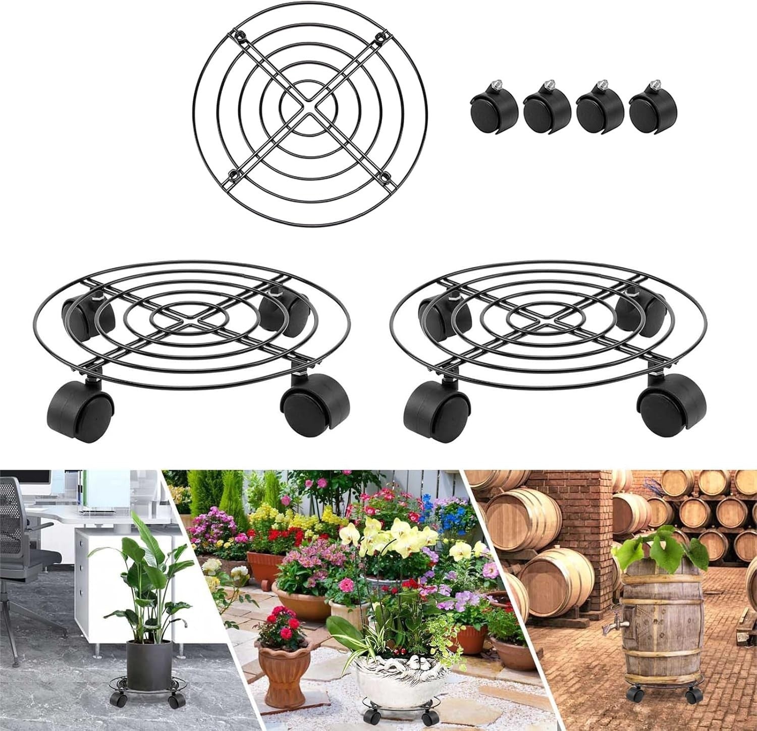 3 Pack Heavy Duty Plant Caddy with Wheels 27cm Round Metal Potted Trolley