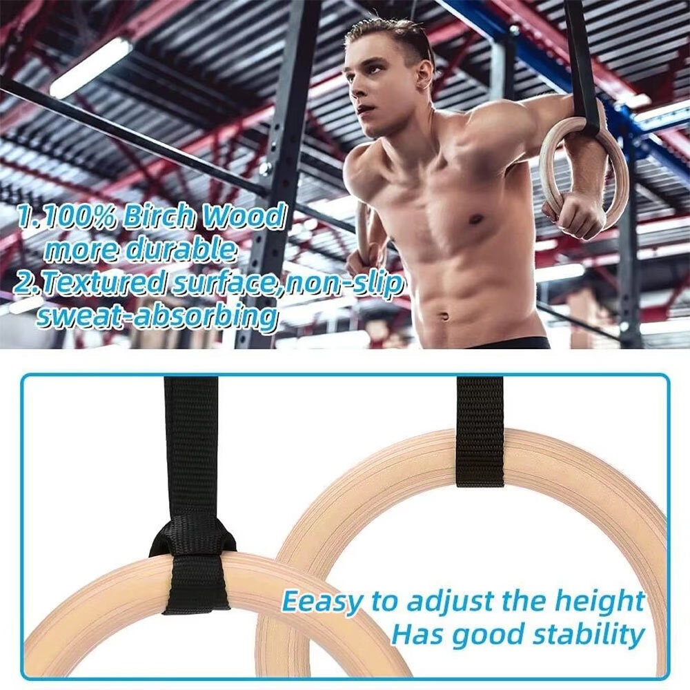 1Pair 28mm Wooden Gymnastic Ring With Adjustable Straps Home Gym Fitness Ring