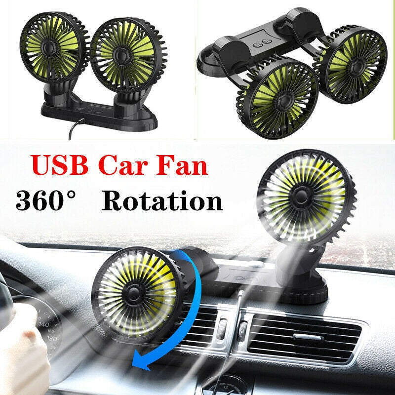 360° Rotatable Car Cooling Air Fan USB Dual Head Car Fan Portable Vehicle Fan