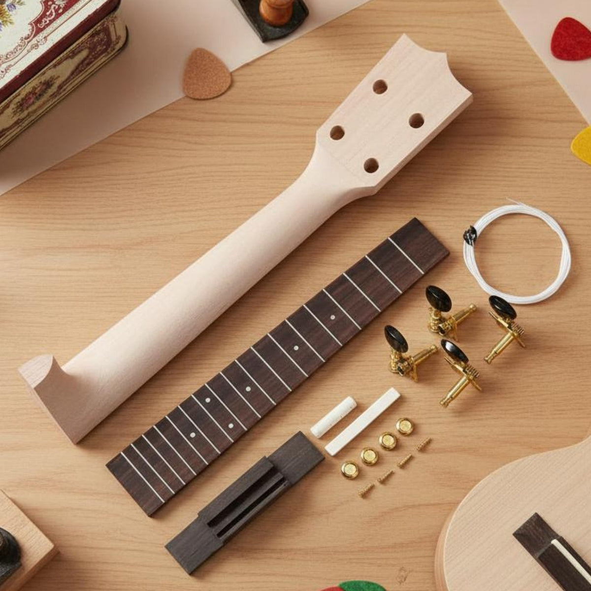 DIY Ukulele Neck Kit Customizable Tobacco Box Ukulele Parts for Beginners, Kids