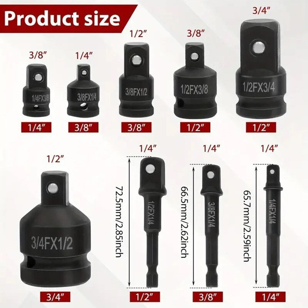 1/4" 3/8" 1/2" 3/4" F to M Impact Driver Socket 9Pcs Impact Adapter Reducer Set