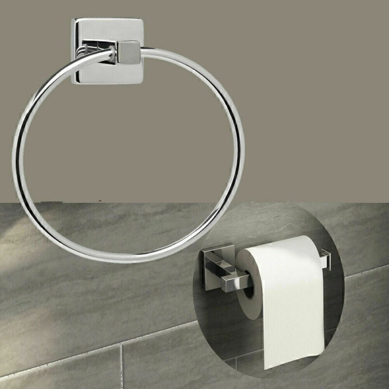 Polished Chrome Bathroom Toilet Roll Holder and Towel Ring Set Fittings