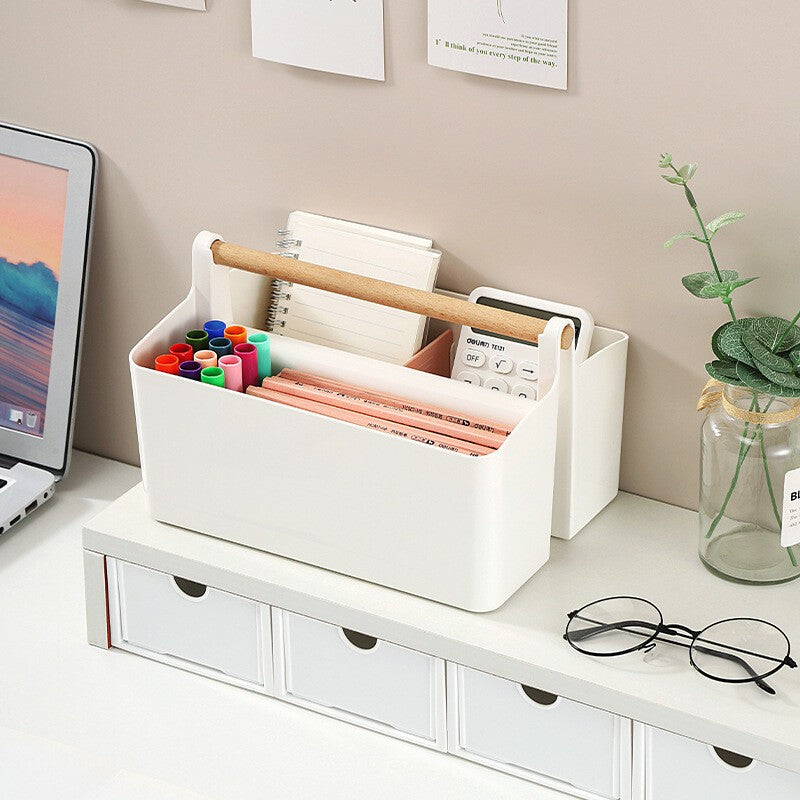 Stationery Pen Compartment Storage Box Wooden Handle Remote Control Storage Box