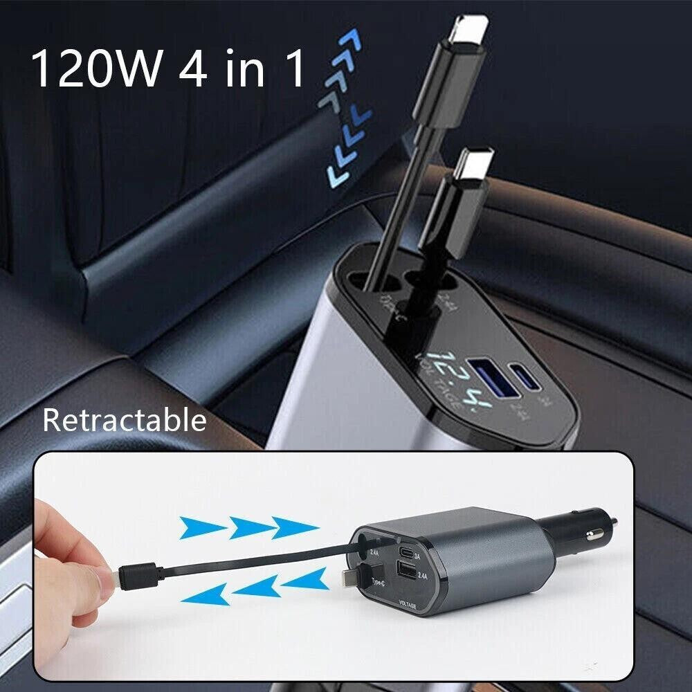 Retractable Car Charger 4IN1 120W USB Type C Cable For Phone Fast Charge Adapter