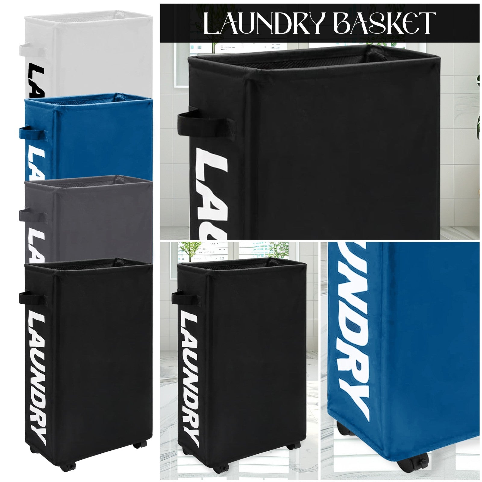 42L Water Resistant Laundry Basket w/Rolling Slim Wheels Foldable Washing Hamper