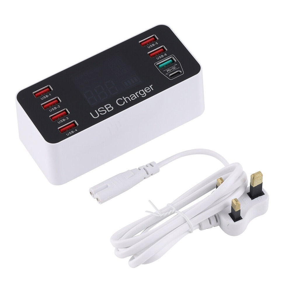 LCD Display Station Hub with UK Plug 8 Multi-Port USB Fast Quick Charger Adapter