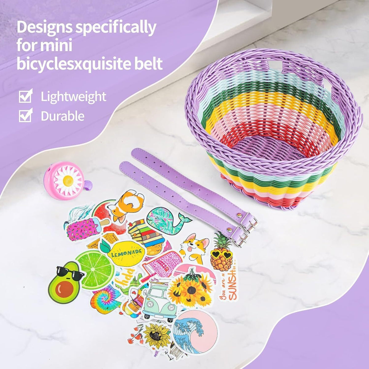 Wicker Kids Bike Basket Handwoven Bicycle Basket Comes with Leather Straps