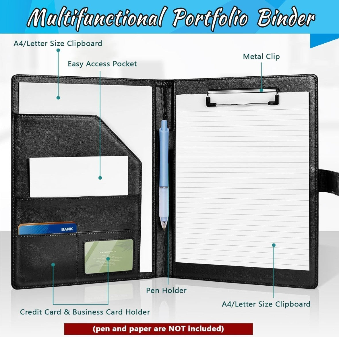 A4 PU Leather Clipboard Folder Waterproof Magnetic Clip Board W/Storage Pocket