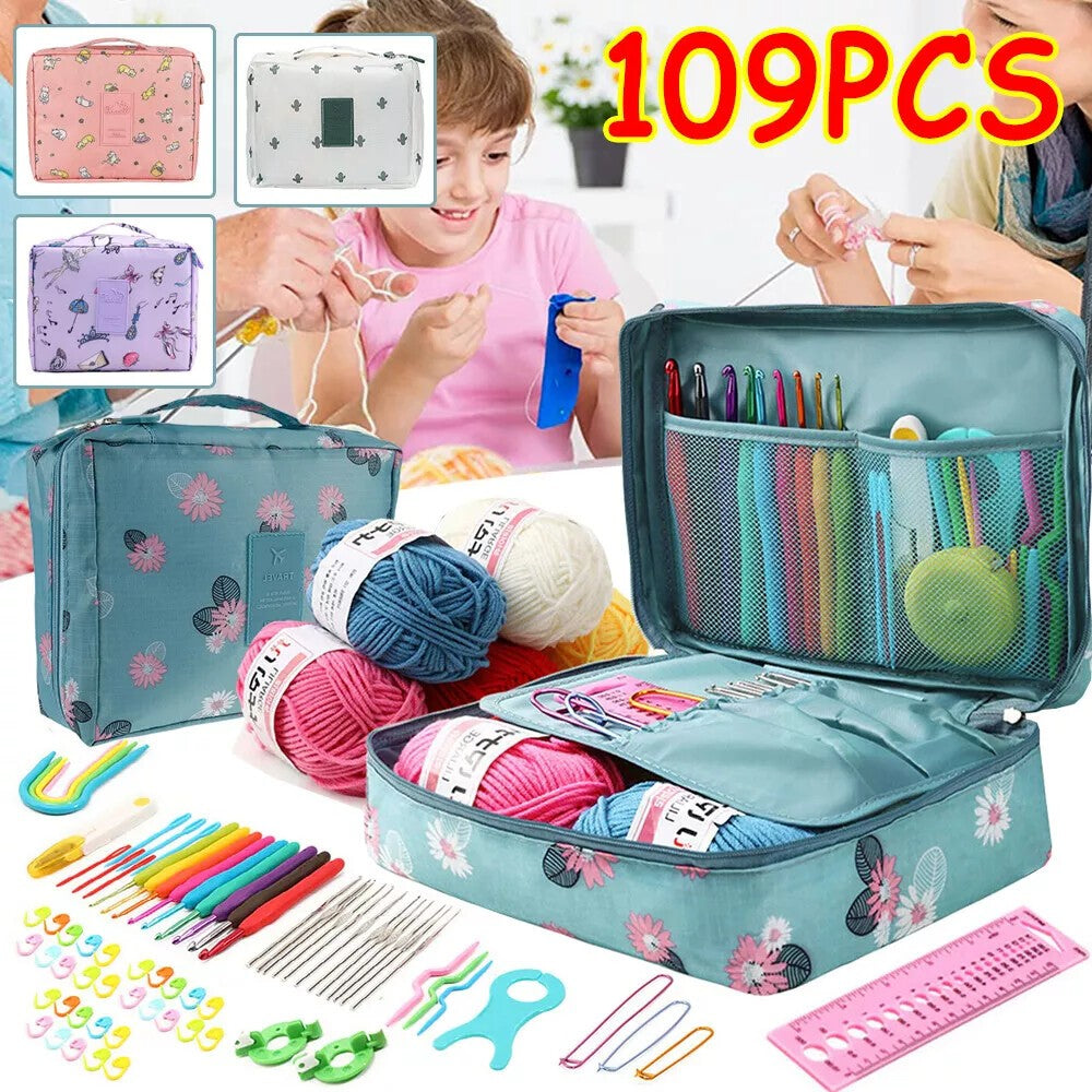 109PCS Crochet Hook Set 5 Rolls Yarn Knitting Needles Kit for Starters beginners