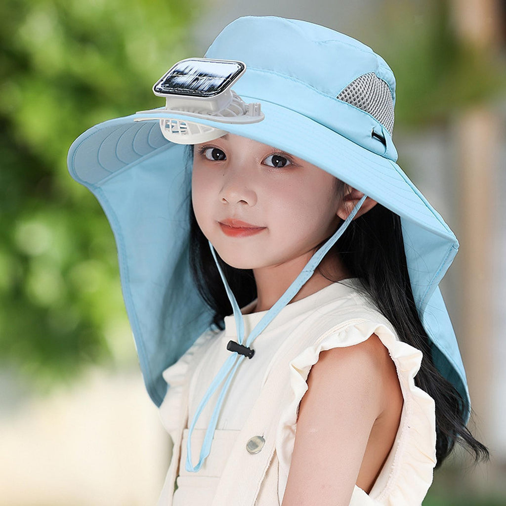 Kids Wide Brim Hat with Solar Fan Sunscreen Cooling Hat for Boys Girls