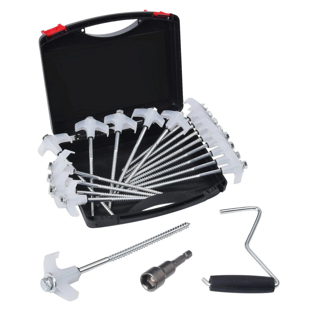 20x Pegs Screw In Drill Top Heavy Duty Ground Pegs In Case Awning Tent Pegs Set
