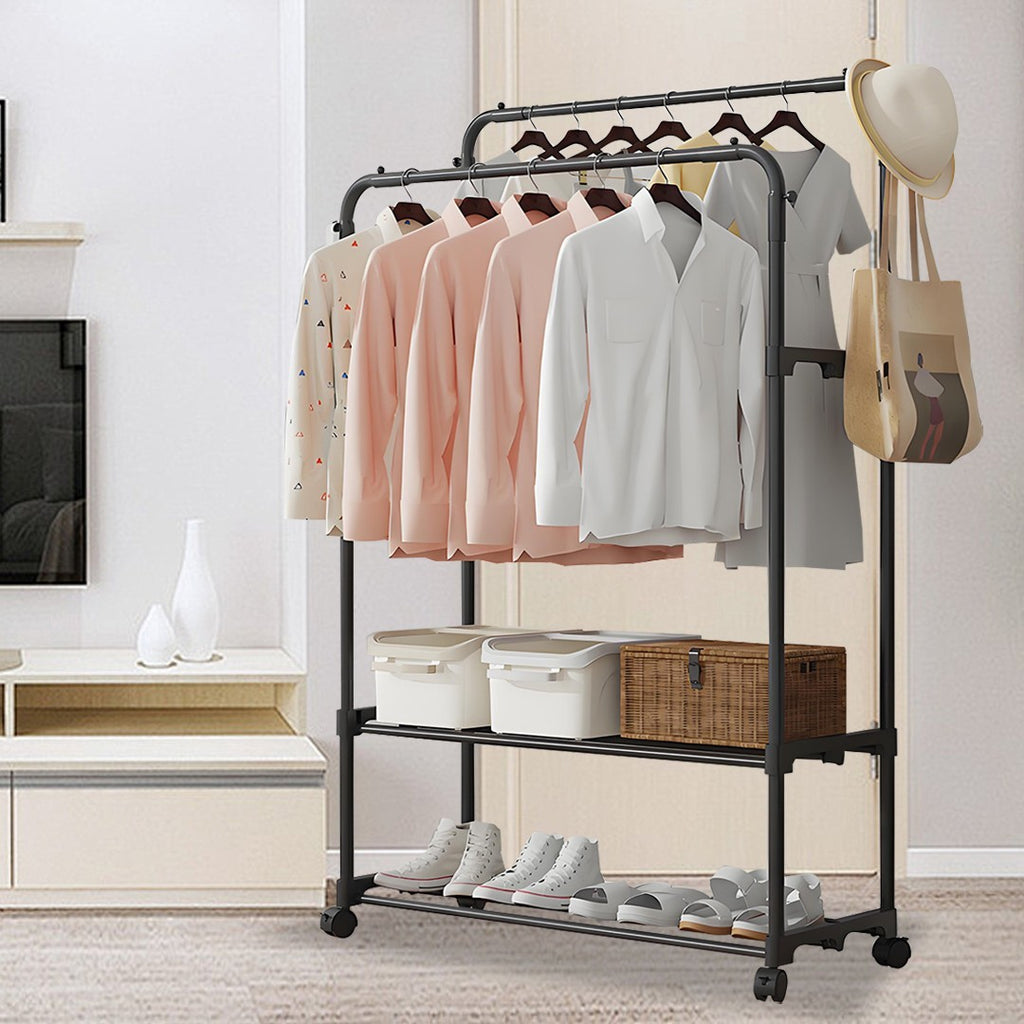 Heavy Duty Double Clothes Rail Hanging Rack Garment Display Stand Shoes Storage