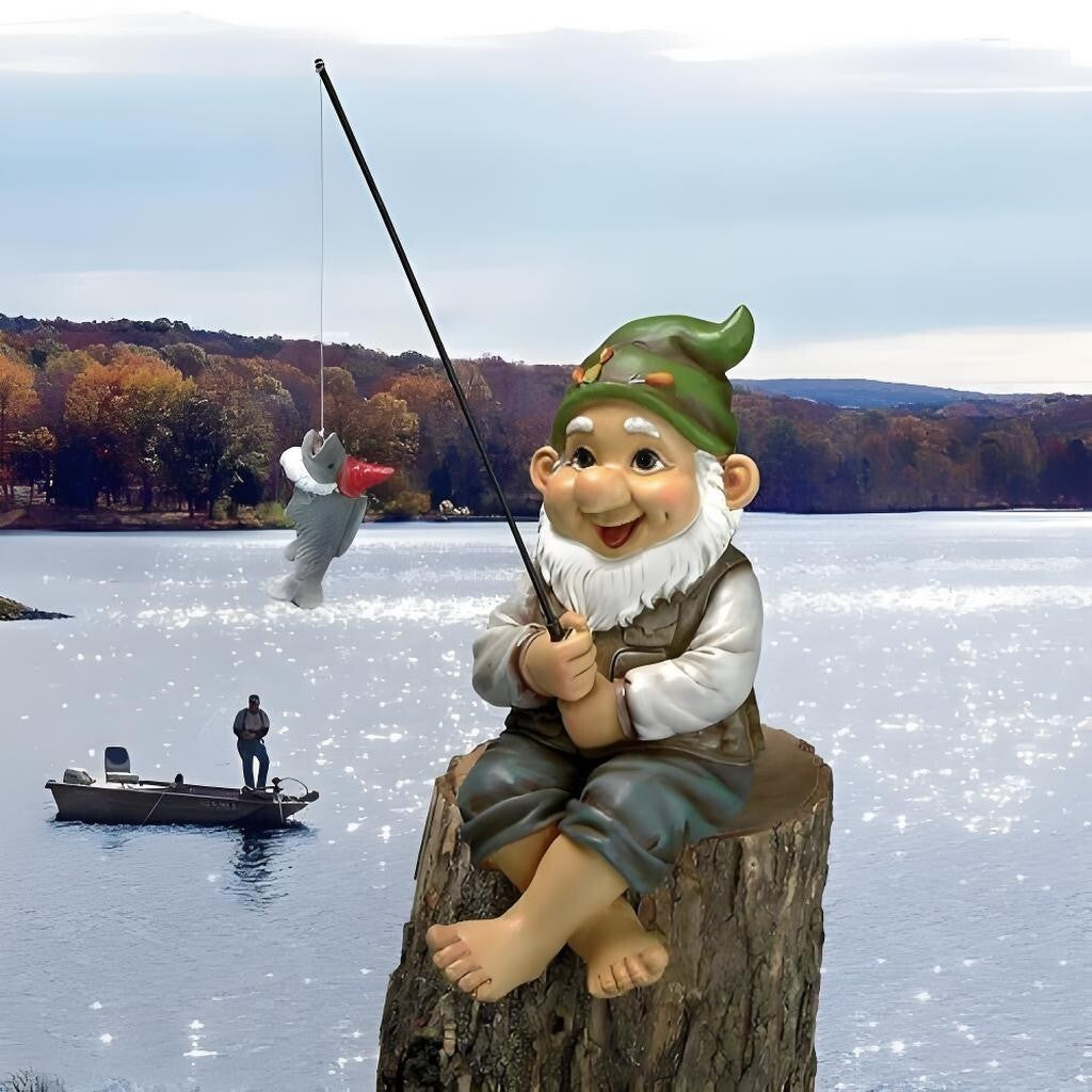 Garden Gnome Fishing Statue Resin Sitting Rod Fish Pond Decor Ornament