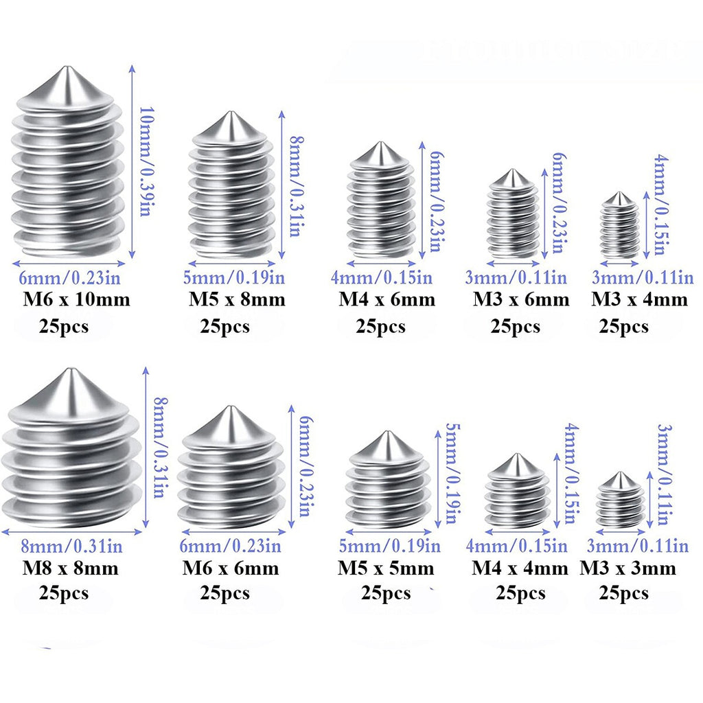 2set  A2 Cone Point Grub Screws M3 M4 M5 M6 M8 Hex Socket Set Screw Box Set