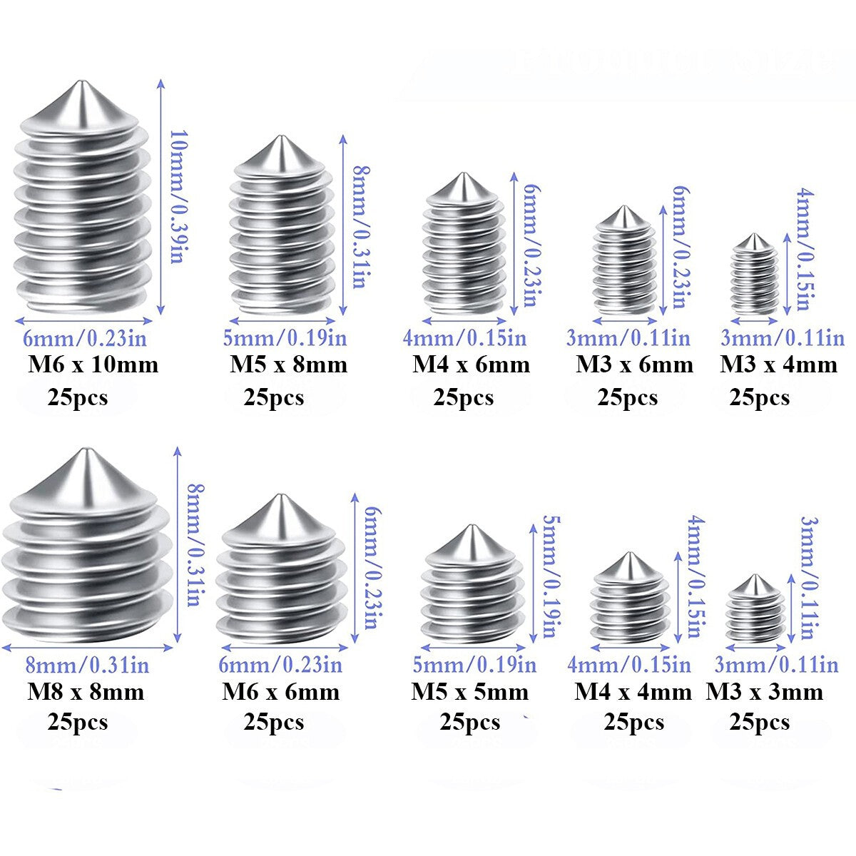 2set  A2 Cone Point Grub Screws M3 M4 M5 M6 M8 Hex Socket Set Screw Box Set