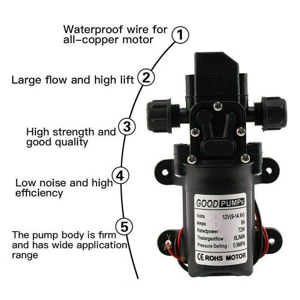 12V Water Pump High Pressure Diaphragm Self Priming 130PSI 6L/Min For Car Clean