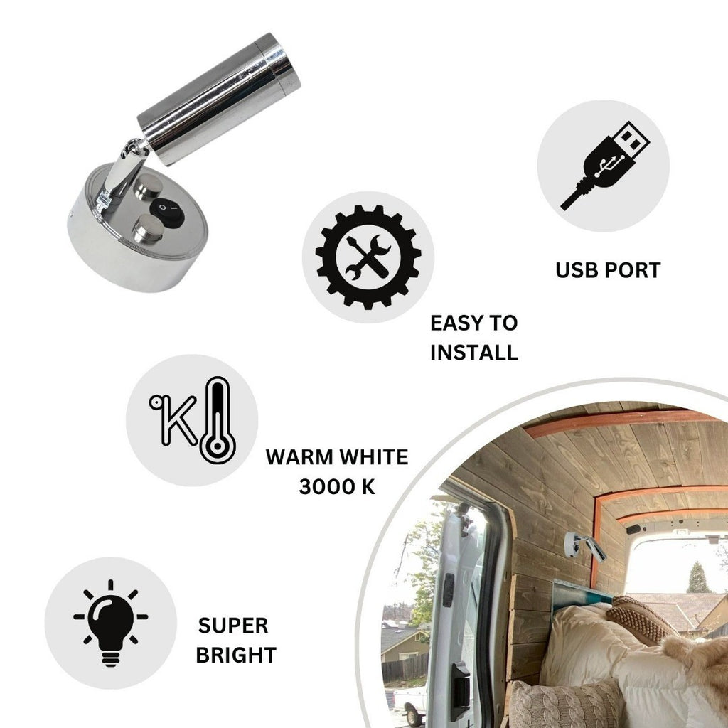 12V LED Reading Light USB Port Chrome Campervan Caravan Boat Lamps Pack of 2