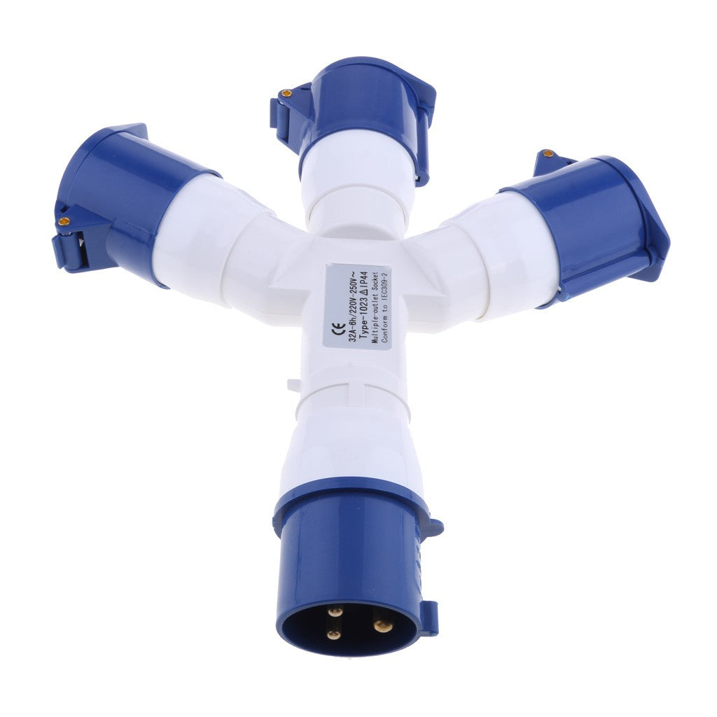 3 Way Splitter 220V 32A 3Pin Blue Industrial Plug Sockets Adaptor IP44 2P+E