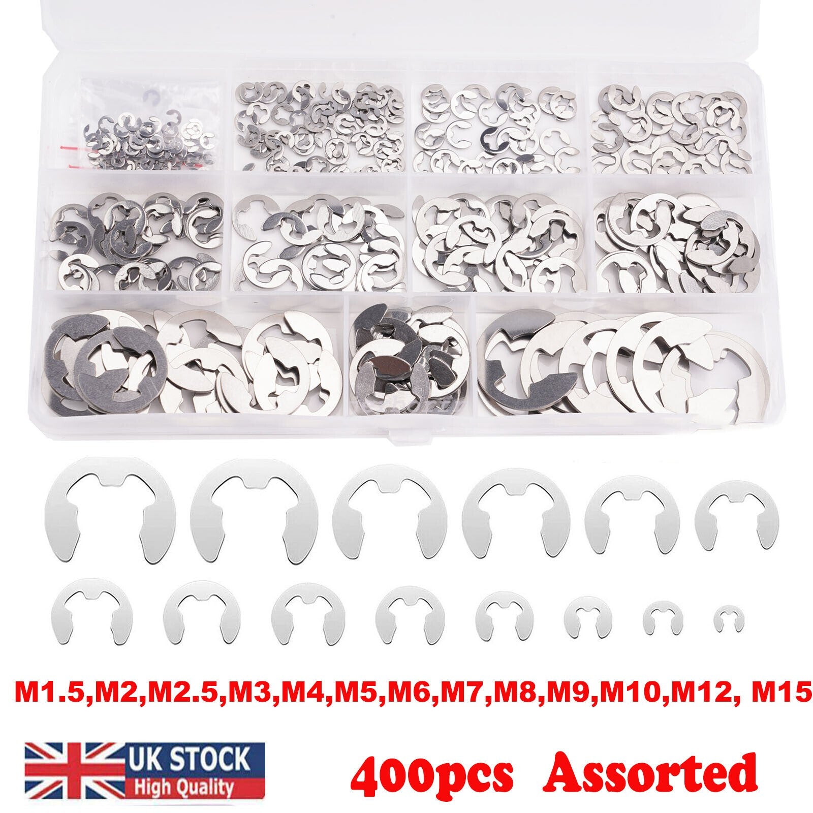 400X Assorted M1.5 -M15 Stainless E Clip C Circlip Kit Retaining Snap Ring Set