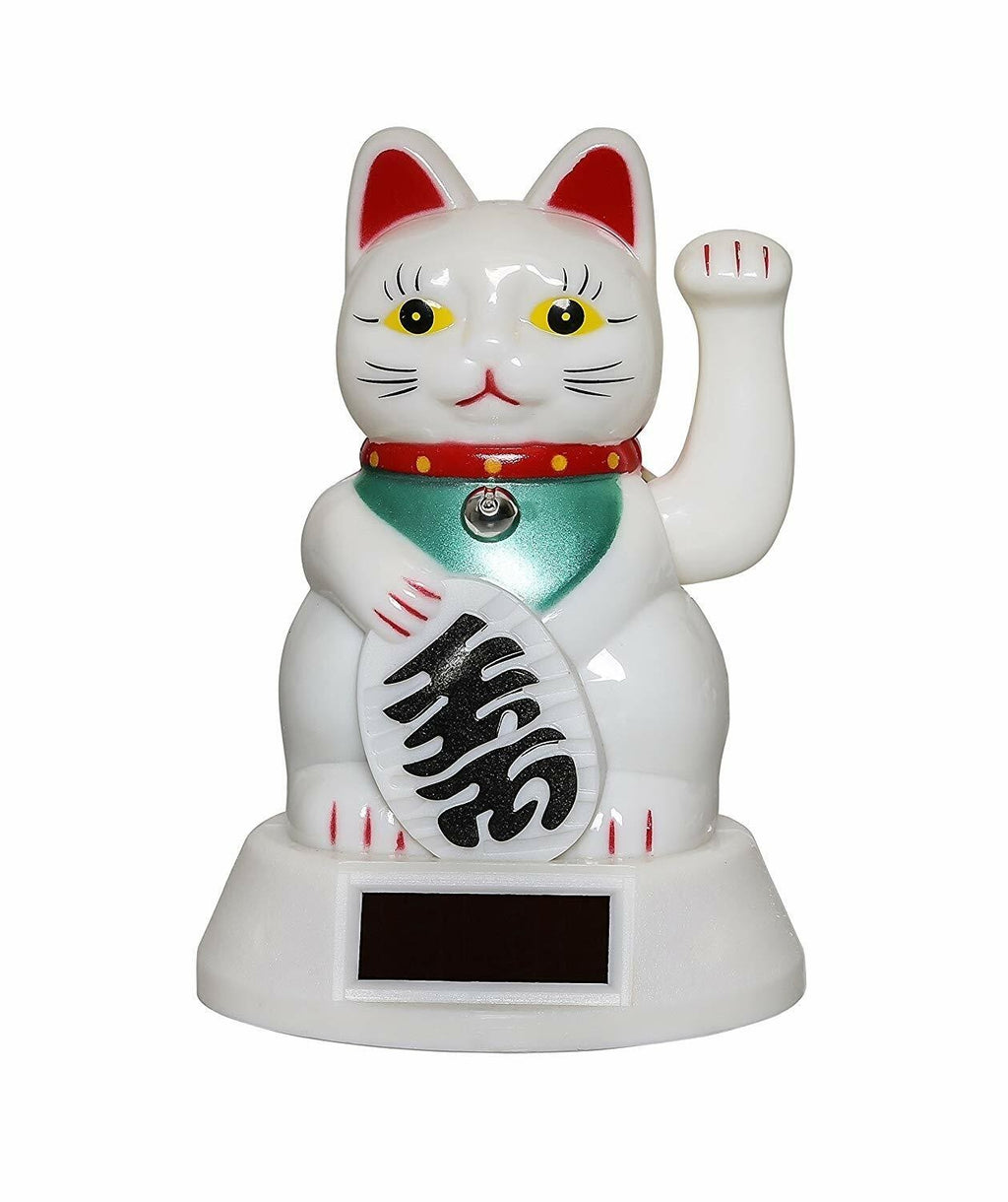 Lucky Cat 5" White Waving Solar Power Powered Chinese Fortune Maneki Neko White