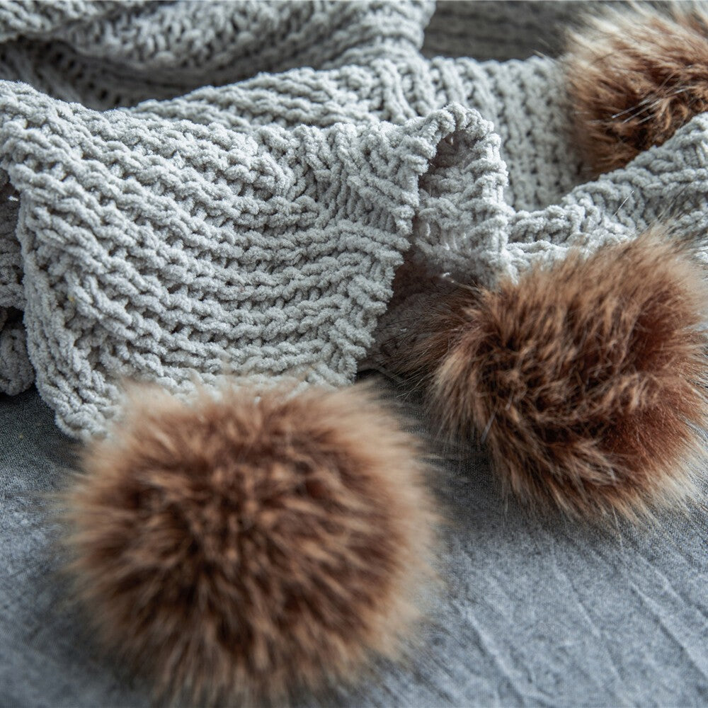 Fluffy Pom Pom Throw Blanket Knitted Sofa Bed Blankets Warm Home 130 X 160cm
