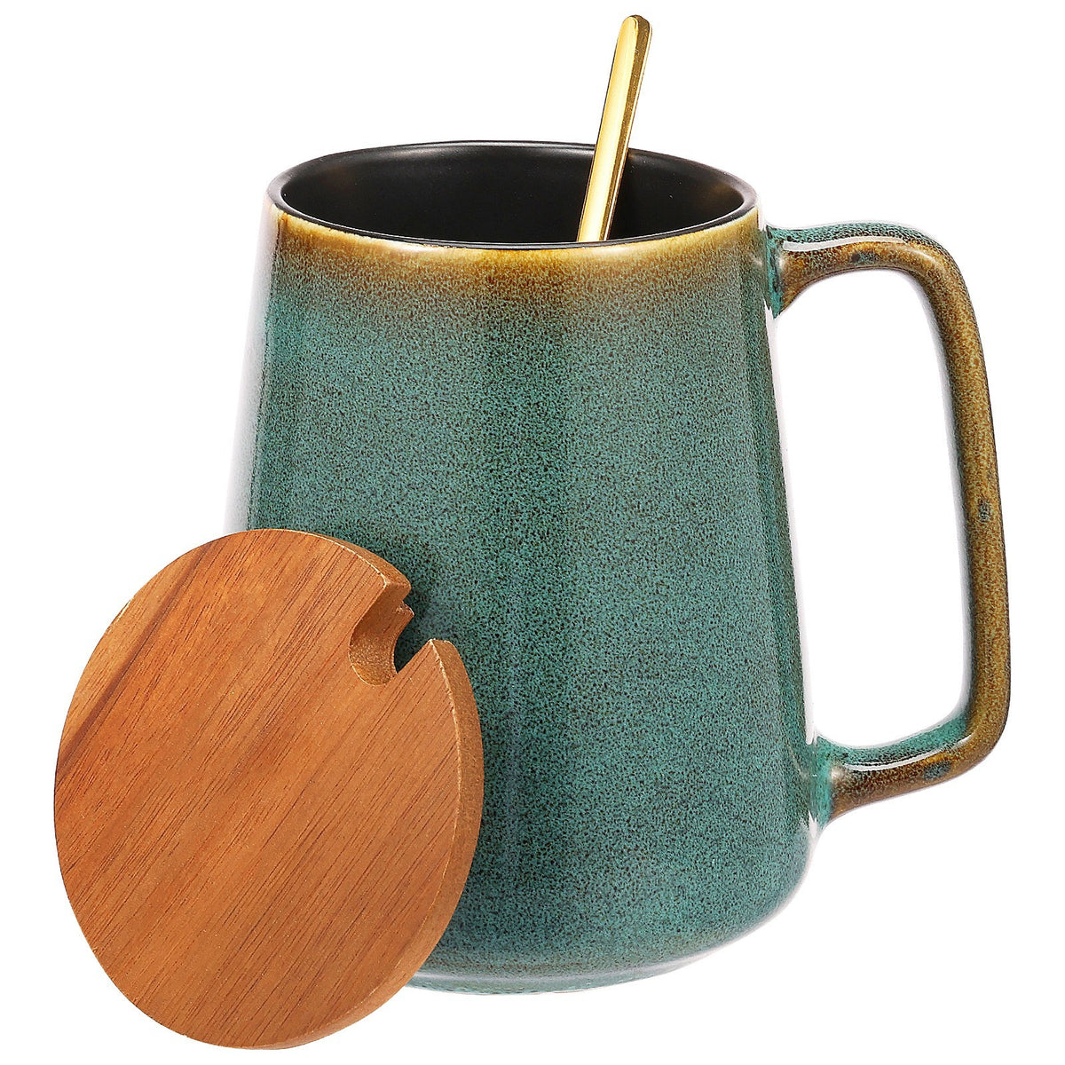 Large Ceramic Coffee Mug 24 OZ Coffee Cup with Spoon and Wood Lid
