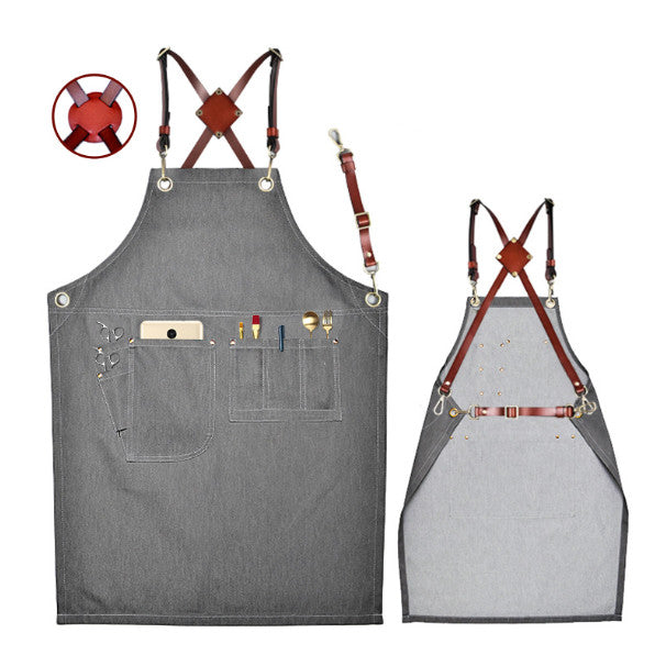 New Denim Leather Strap Bib Apron Barista Bartender BBQ Chef Cook Waiter Uniform