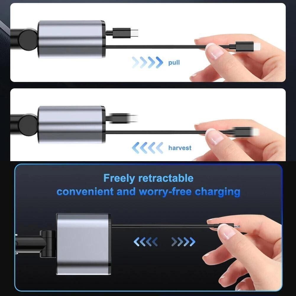 Retractable Car Charger 4IN1 120W USB Type C Cable For Phone Fast Charge Adapter