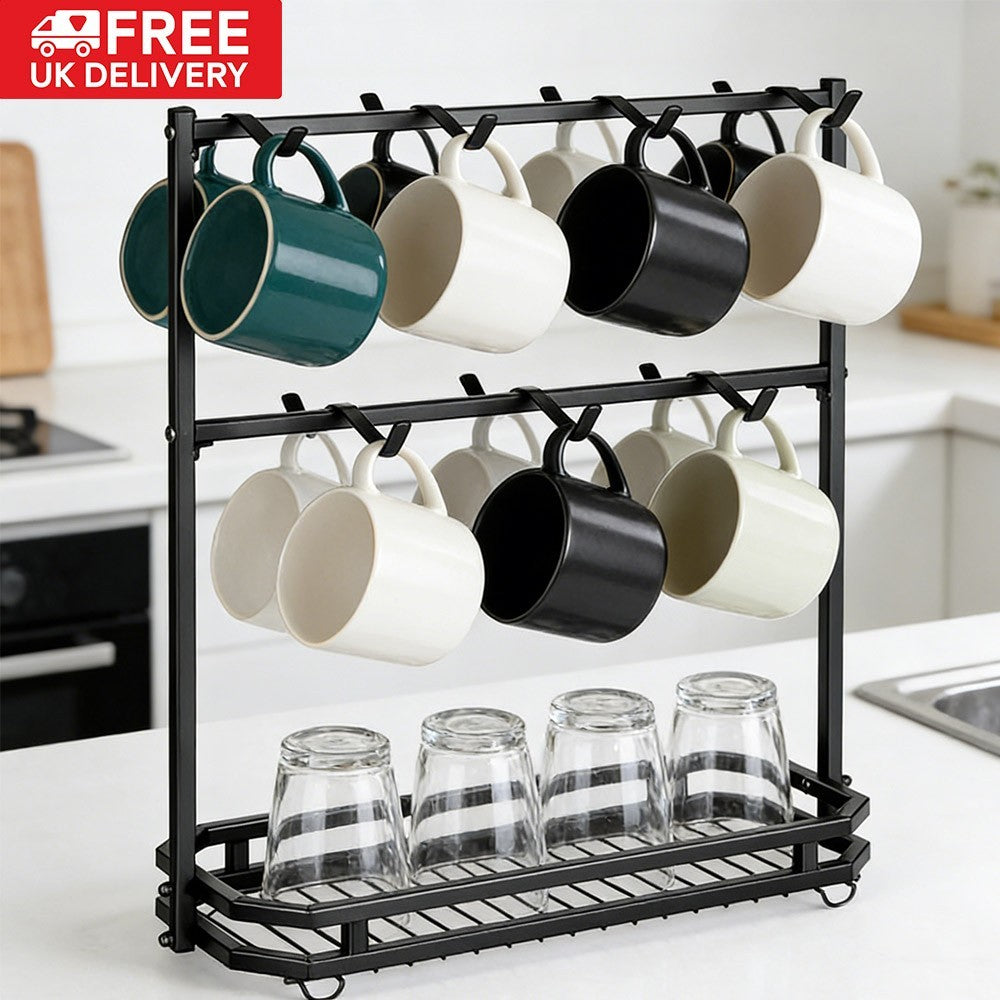 Coffee Mug Rack Metal Black Vintage Cup Holder Stand Storage Base with 14 Hooks