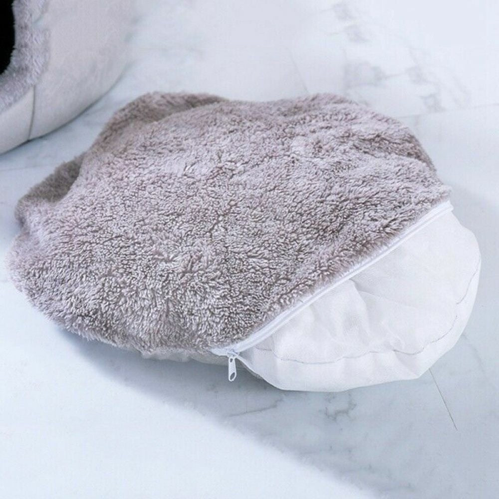 Large Cat Bed Cave Small Wool Cozy Pet Igloo Bed Winter House Nest Kennel Grey