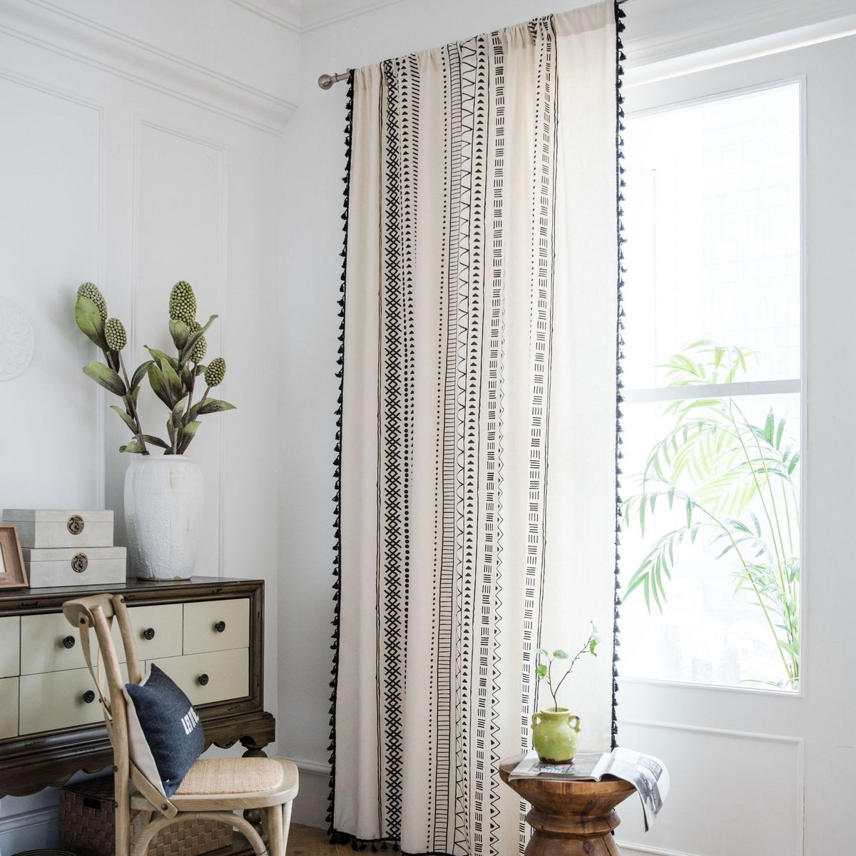 Geometric Tassels Panel Window Curtain Bohemian Cotton Linen Window Drapes