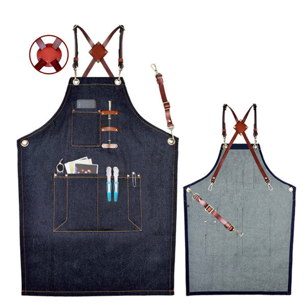 New Denim Leather Strap Bib Apron Barista Bartender BBQ Chef Cook Waiter Uniform
