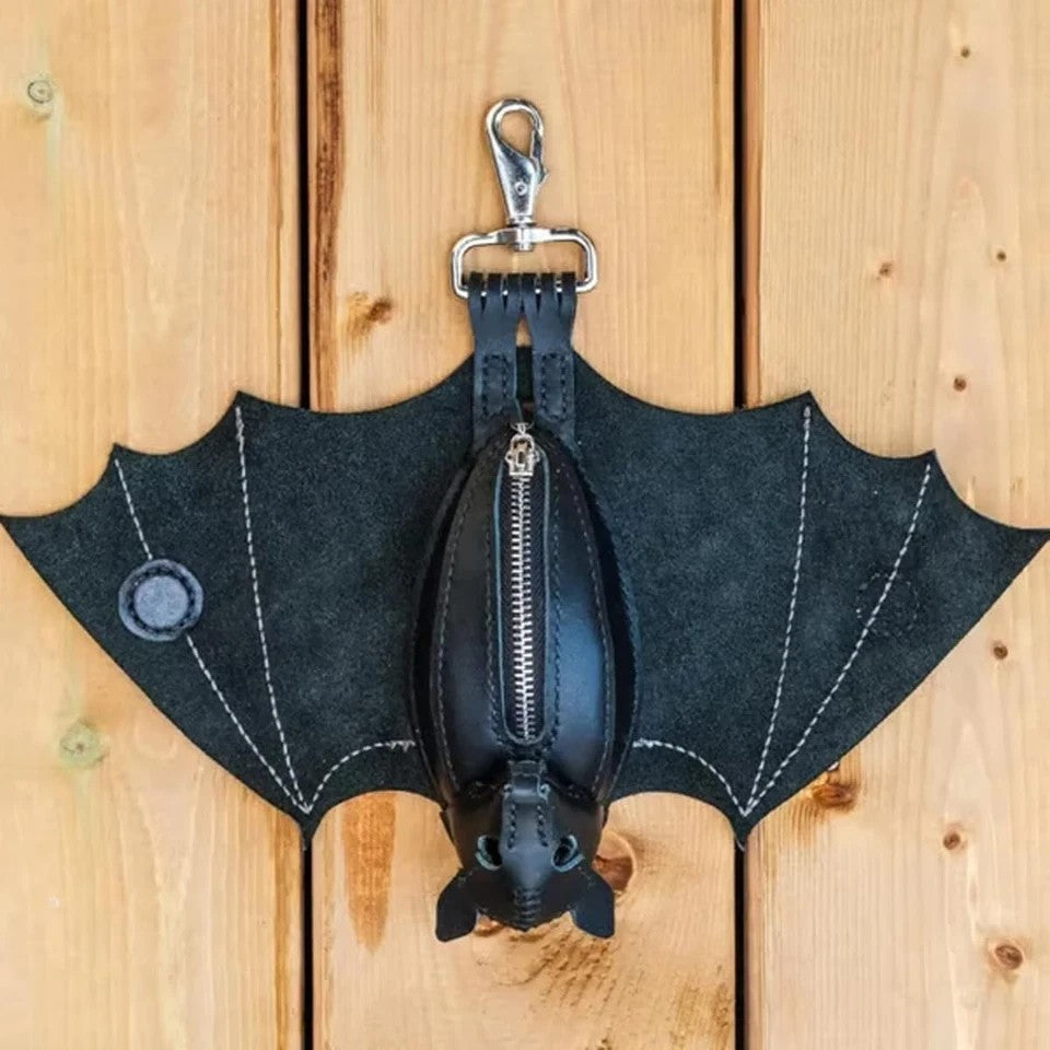 Gothic Leather Bat Coin Purse Handmade Keychain Zippered Wallet for Bags & Belts