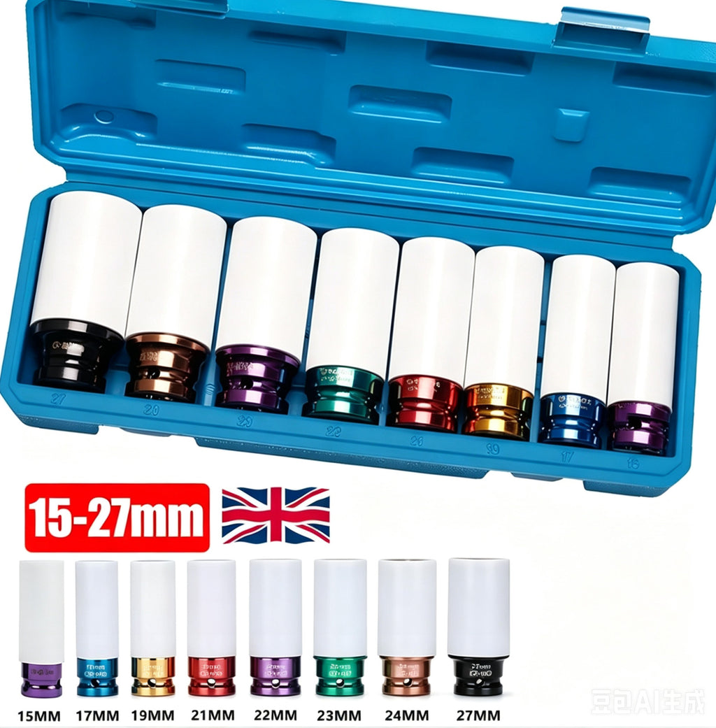 8Pcs 1/2" Drive Alloy Wheel Nut Thin Wall Deep Impact Socket Set 15 mm-27 mm