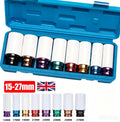 8Pcs 1/2" Drive Alloy Wheel Nut Thin Wall Deep Impact Socket Set 15 mm-27 mm