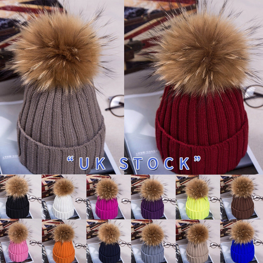 Womens Warm Winter Hat Genuine Fur Pom Pom 15cm Ball Knit Beanie Ski Caps