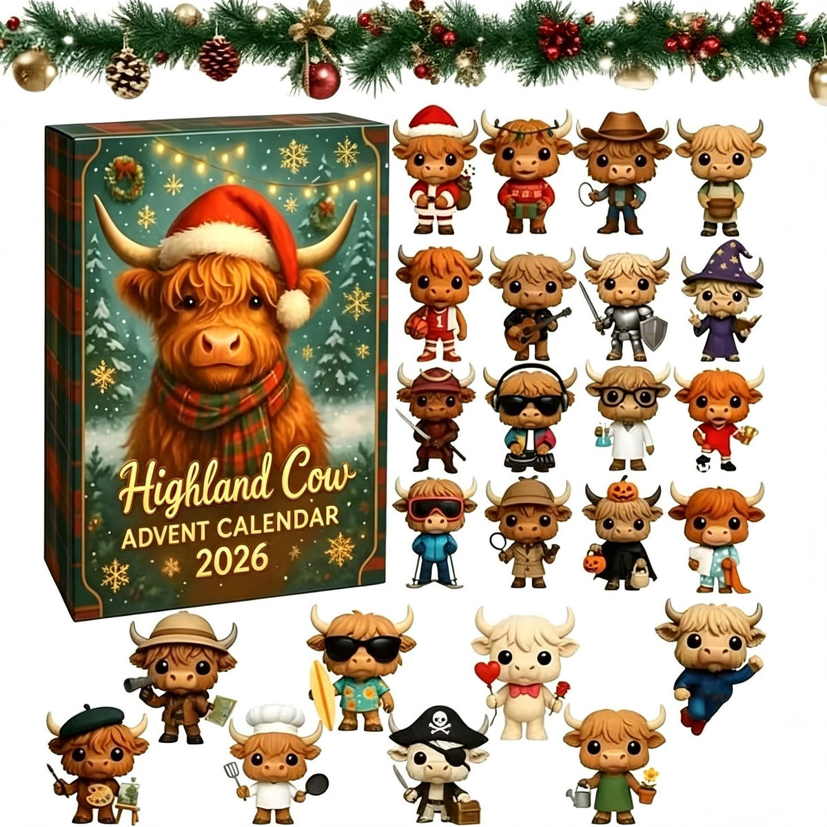 3D Highland Cow Advent Calendar 2026 Christmas Decoration,24-Day Surprise Box