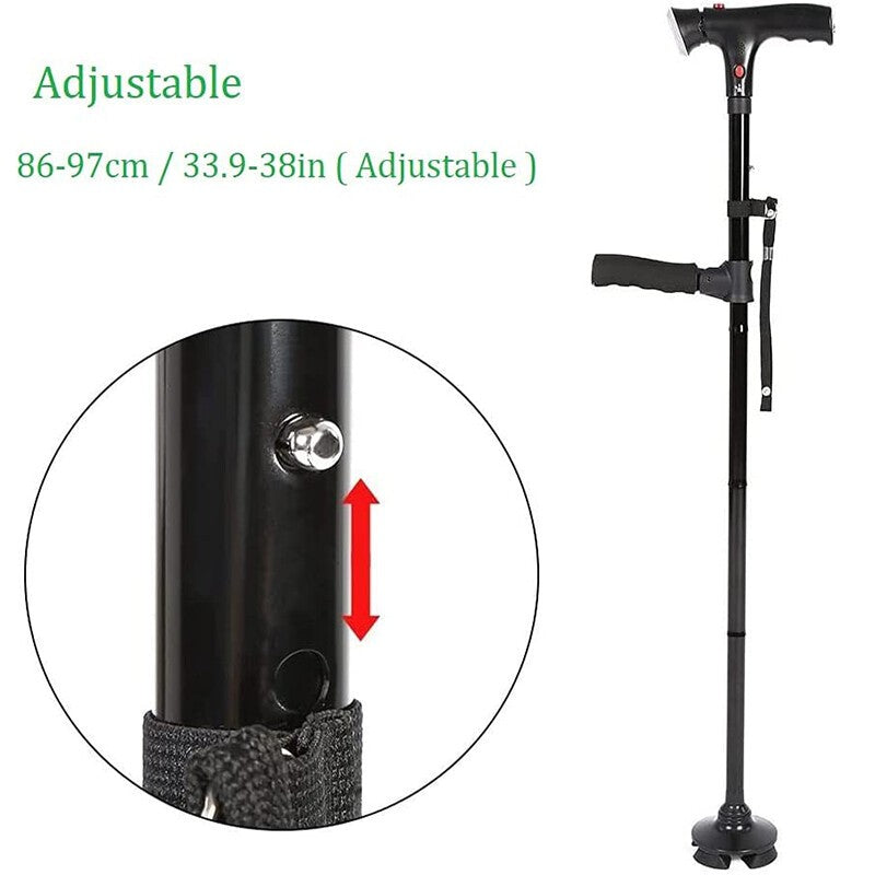 1X Elder Folding Walking Stick Walking Cane Height Adjustable LED Light Alarm