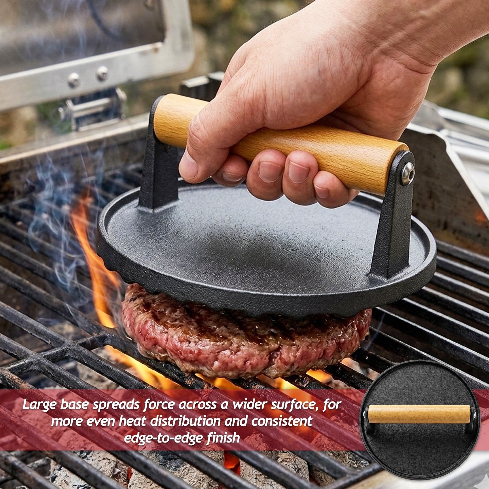 Burger Press Cast Iron 6.9" Heat Resistant Wood Handle BBQ Meat Grill Smash Tool