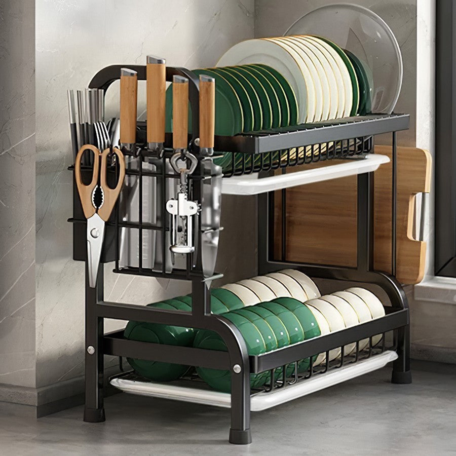 2 Tiers Large Dish Drainer Plate Rack Dryer Knives Cutlery Holder with Drip Tray
