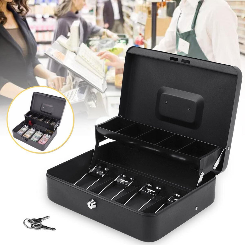 Money Float Tin Keys Lockable Safe Metal Petty Cash Box Coin Tray