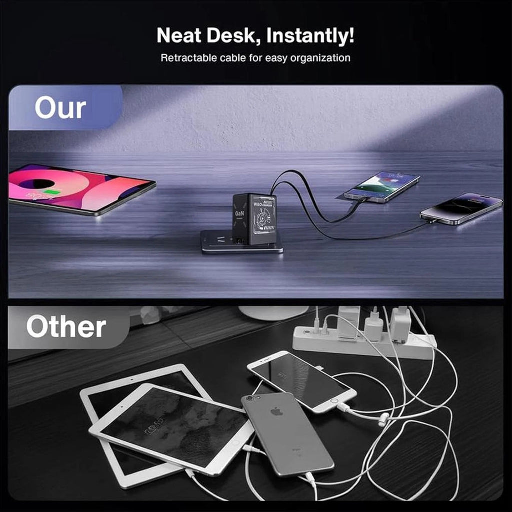 W&O 120W 2 in 1 GaN Wall Charger Retractable Type C Fast Charging Cable