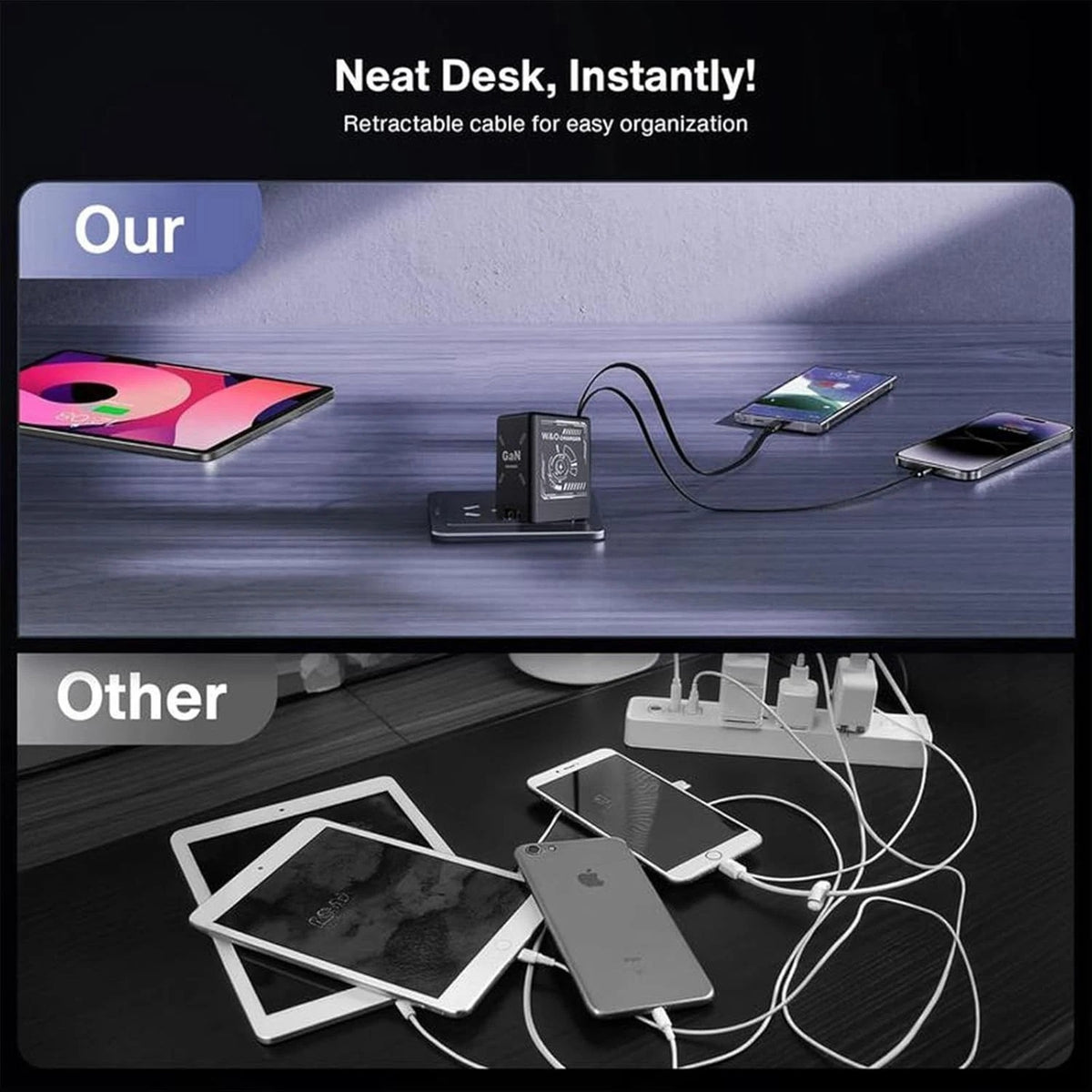 W&O 120W 2 in 1 GaN Wall Charger Retractable Type C Fast Charging Cable