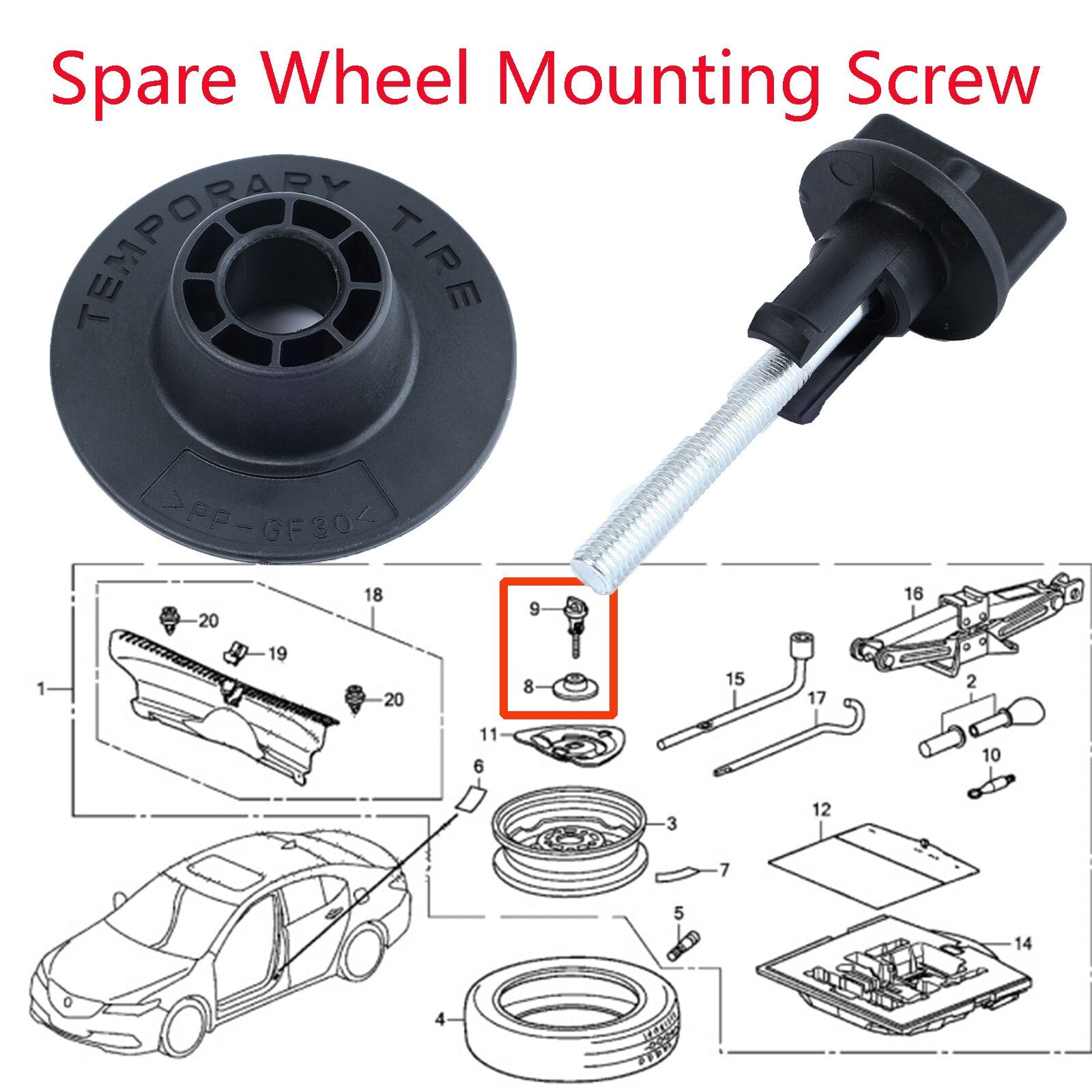 For Honda Accord Civic CR-V Insight Bolt Adapter Spare Tire Wheel Mounting Screw